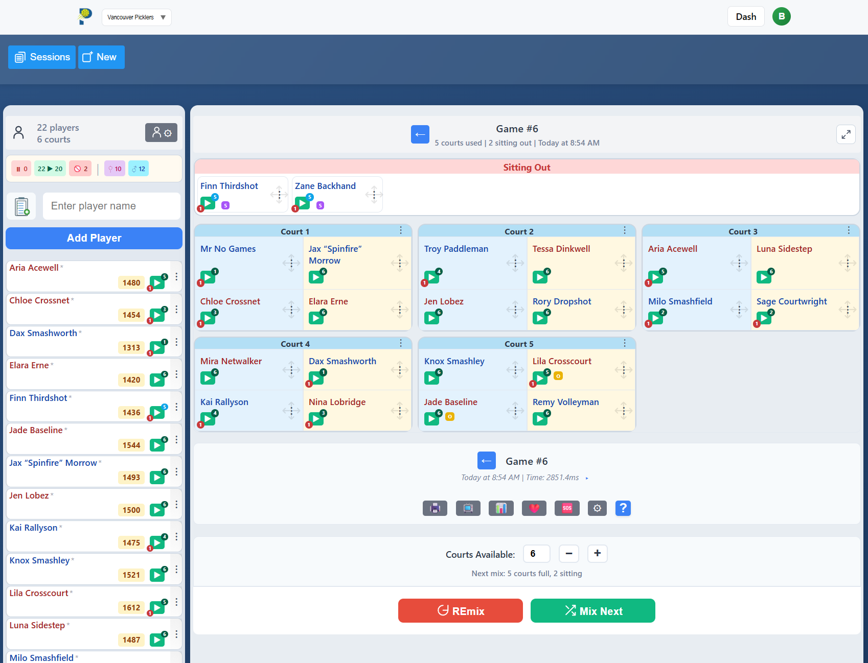 PickleMixer showing 22 players across 6 courts with ratings, game history, and player indicators